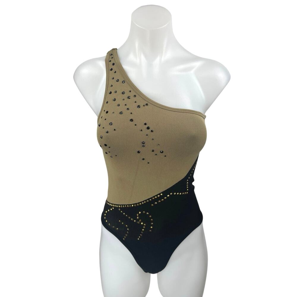Aura Tan Black Sleeveless One Shoulder Rib Beaded Camisole Bodysuit Tank Top S/M